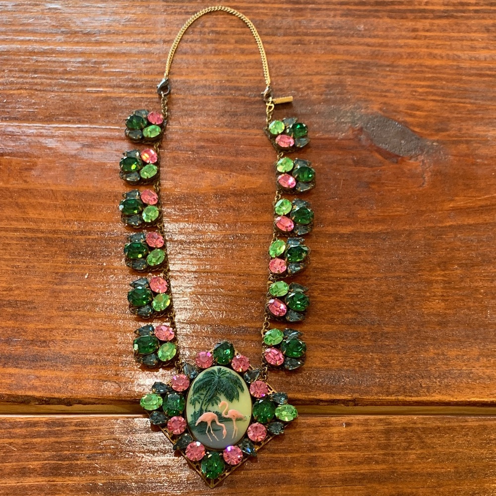Vintage Flamingo Cameo Rhinestone Bib Necklace